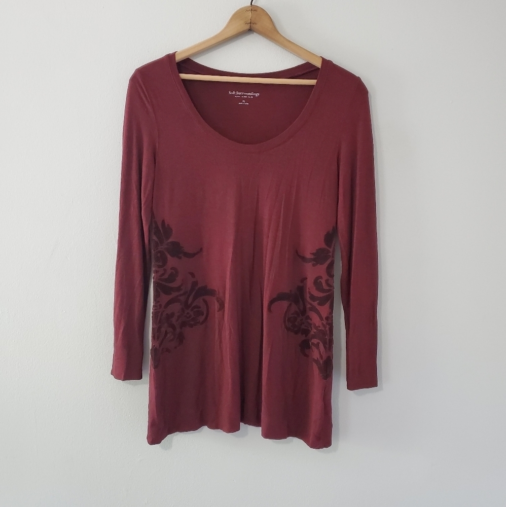 Soft Surroundings Red Floral Velveteen Top